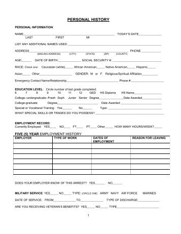 Personal History Form - Court Services