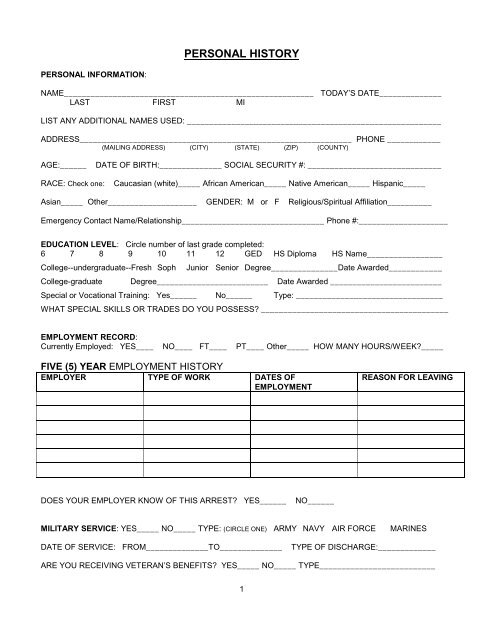 Personal History Form Court Services