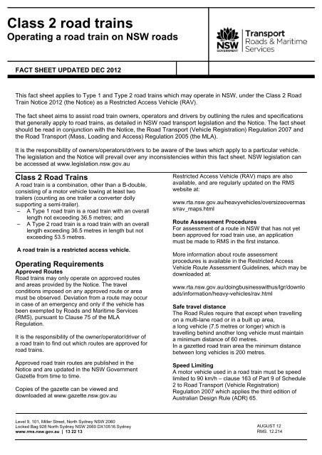 Class 2 road trains fact sheet - RTA - NSW Government