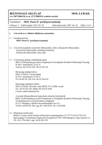 BiztonsÃ¡gi adatlap - MOL Pneol 32