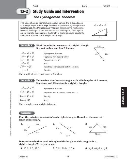 chapter 5 lesson 6 homework practice use the pythagorean theorem