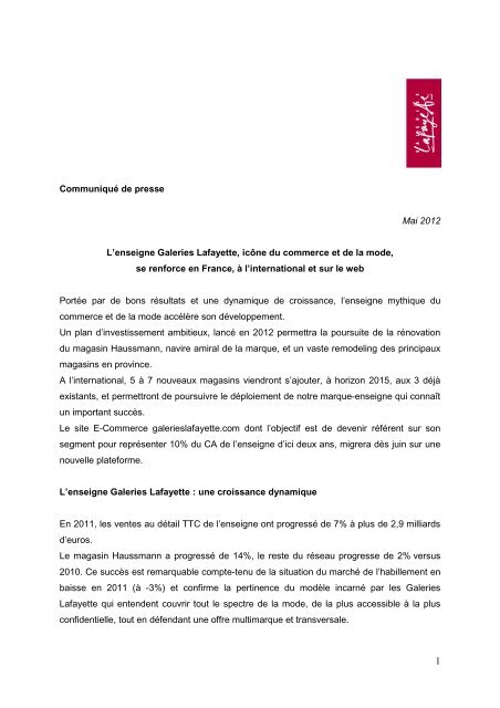 CommuniquÃ© de presse - Galeries Lafayette - mai 2012 - Groupe ...