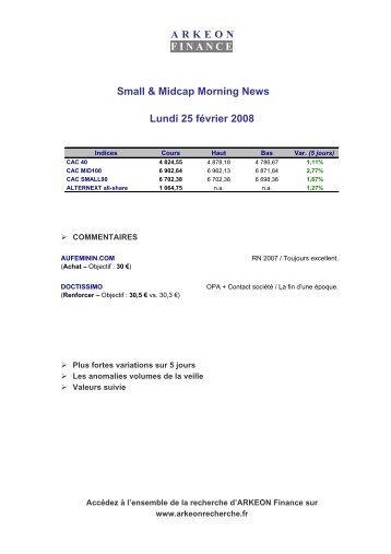 ARKEON FINANCE Small & Midcap Morning News Lundi ... - Bourse