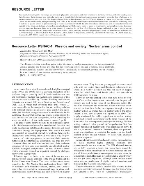 Resource Letter PSNAC-1: Physics and society: Nuclear arms control