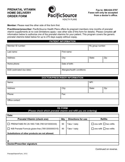Prenatal Vitamin Home Delivery Order Form - PacificSource