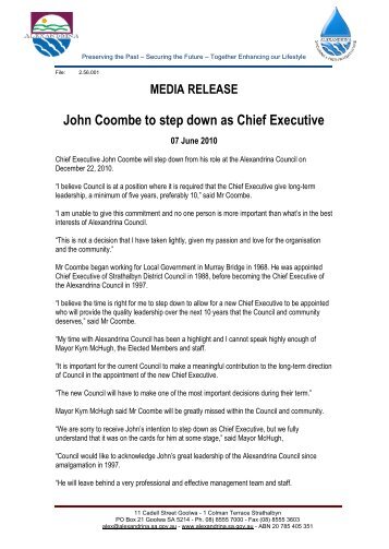 John Coombe to step down as Chief Executive - Alexandrina Council