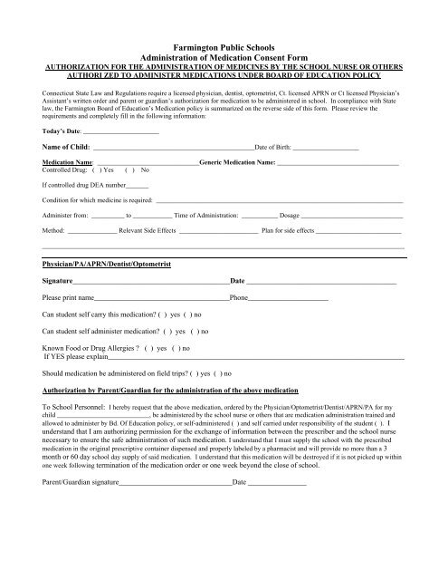 Authorization of Medication Consent Form - Farmington Public ...