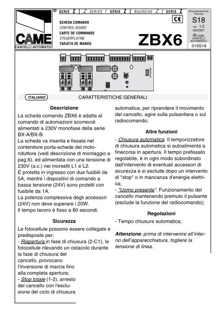 Descrizione La scheda comando ZBX6 Ã¨ adatta al comando ... - Tribpt