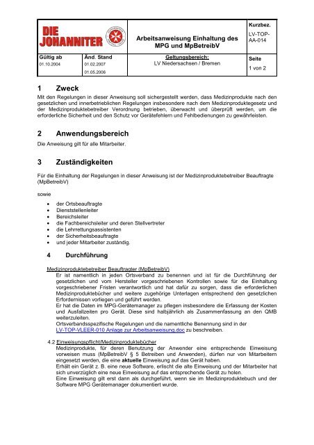 Arbeitsanweisung Einhaltung des MPG und MpBetreibV - home-hi.de