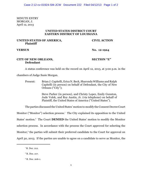 Minute Entry US District Court Eastern District of Louisiana Minute Entry US District Court Eastern District of Louisiana