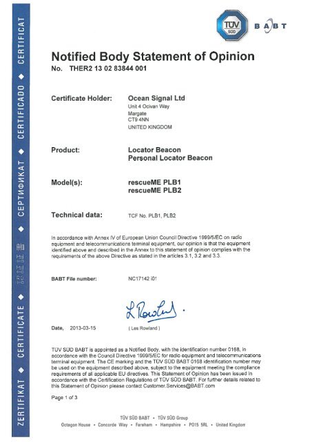 PLB1 R&TTE Notified Body Opinion - Ocean Signal