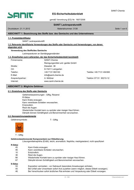EG-Sicherheitsdatenblatt - SANIT Reinigungsmittel und