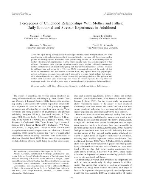 Perceptions of Childhood Relationships With Mother and ... - MIDUS