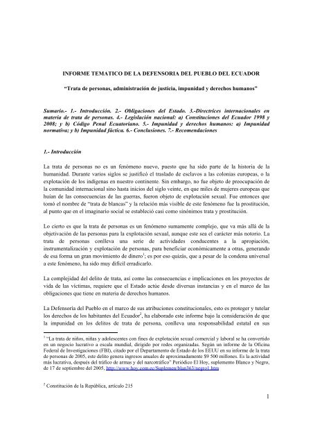 Informe TemÃ¡tico de la DefensorÃ­a del Pueblo del Ecuador ... - Acnur