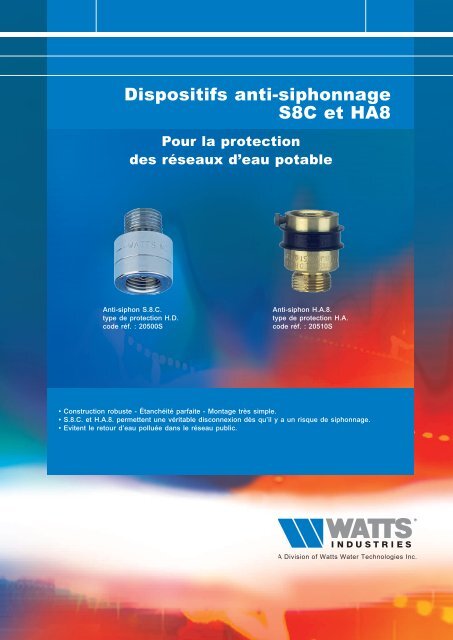 Dispositifs anti-siphonnage S8C et HA8 - Watts Industries