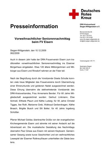 Presseinformation Vorweihnachtlicher Seniorennachmittag beim FV ...