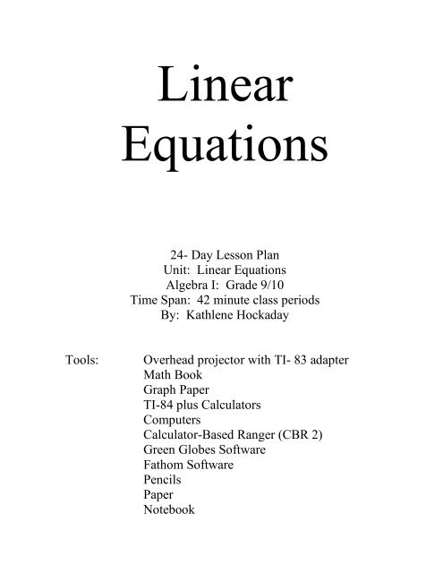 24- Day Lesson Plan Unit: Linear Equations Algebra I: Grade 9/10 ...