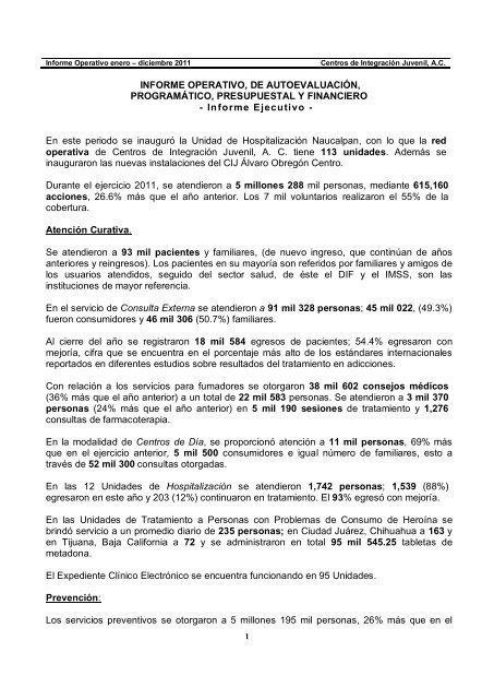 Informe Ejecutivo enero-diciembre de 2011 - Centros de Integración ...