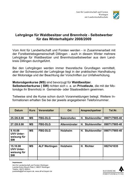 Lehrgänge für Waldbesitzer und Brennholz - Selbstwerber ... - Bayern