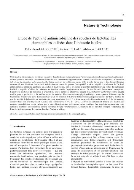 Etude de l'activitÃ© antimicrobienne des souches de lactobacilles ...