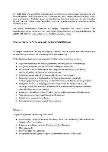 eine/n engagierte/n Designer/in für Fahrradbekleidung - Jobs