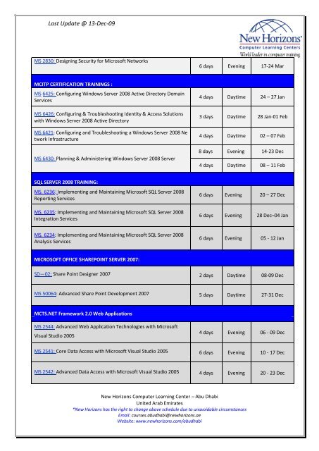 training calendar for abu dhabi: dec 2009 / jan 2010 - New Horizons ...