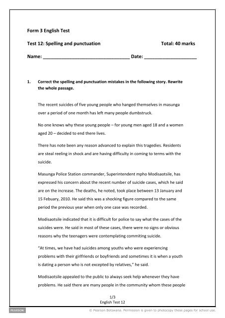 Form 3 English Test Test 12: Spelling and punctuation ... - Pearson