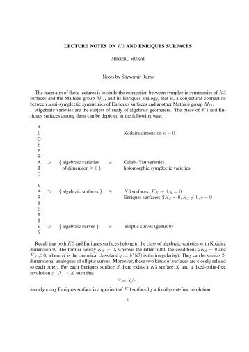 LECTURE NOTES ON K3 AND ENRIQUES SURFACES Notes by ...