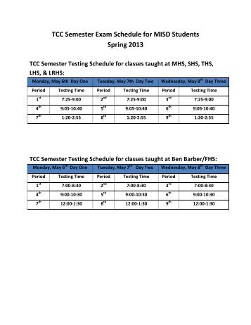 TCC Semester Exam Schedule for MISD Students Spring 2013