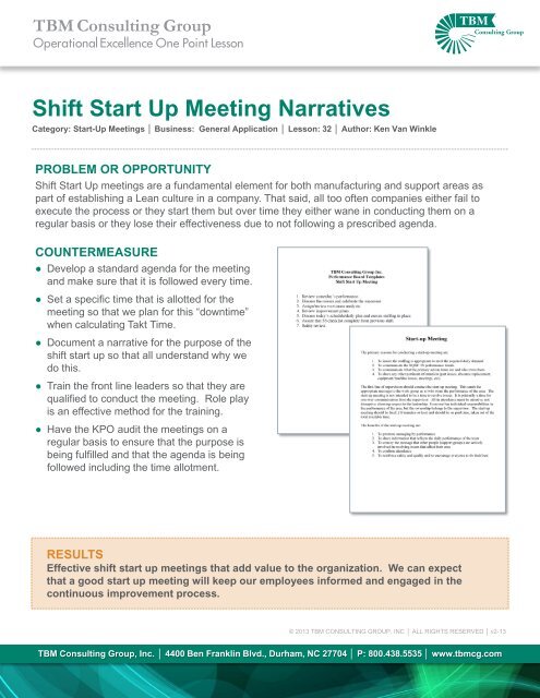 Shift Start Up Meeting Narratives - TBM Consulting Group