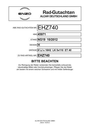 Rad-Gutachten ALCAR DEUTSCHLAND GMBH