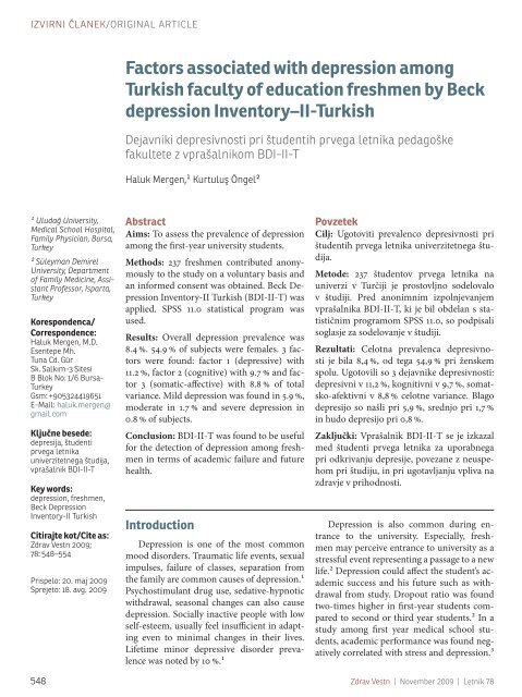 Depression factors in Turkish freshmen by BDI-II-T Factors ...