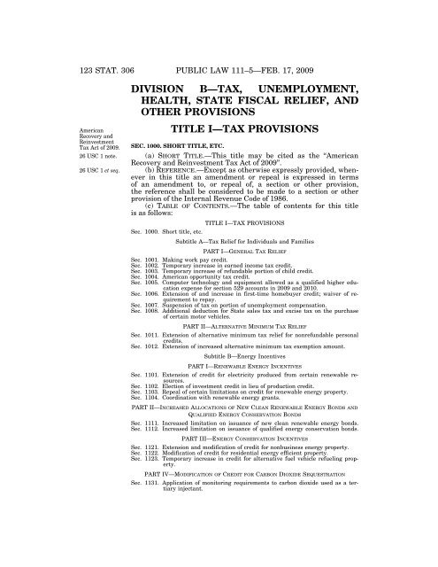 Public Law 111–5 111th Congress An Act - Loan Programs Office