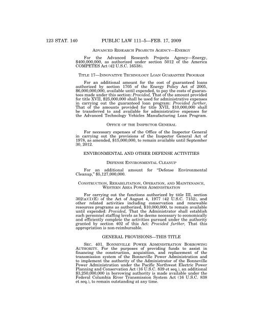 Public Law 111–5 111th Congress An Act - Loan Programs Office