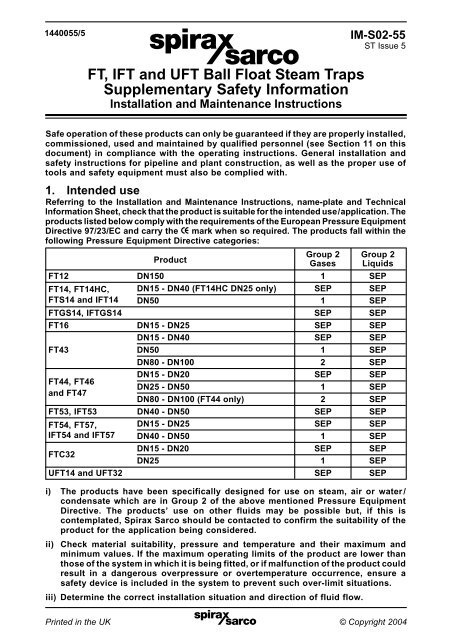 FT, IFT and UFT Ball Float Steam Traps ... - Spirax Sarco