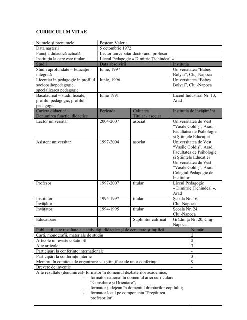 curriculum vitae - Universitatea de Vest "Vasile Goldis" din Arad