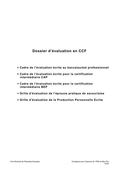 Evaluation de la PSE en Bac Pro_session 2013 - Vice-rectorat de ...