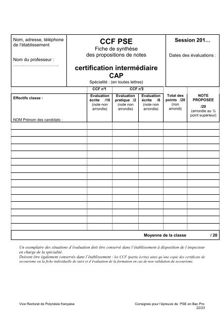 Evaluation de la PSE en Bac Pro_session 2013 - Vice-rectorat de ...