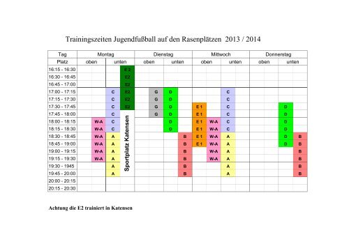 Trainingszeiten Jugendfußball auf den Rasenplätzen 2013 / 2014