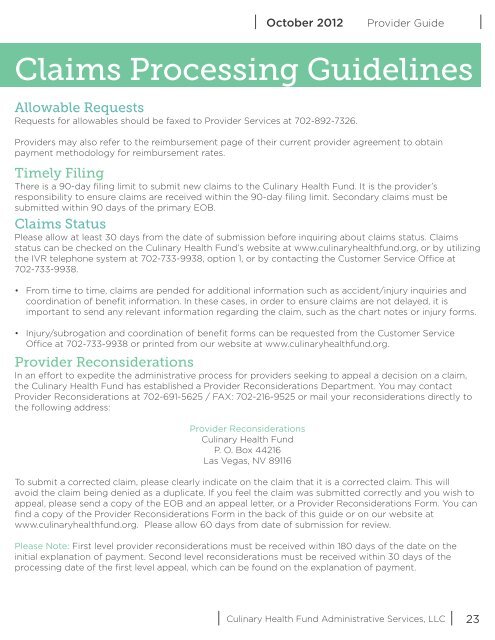 Provider Guide - the Culinary Health Fund