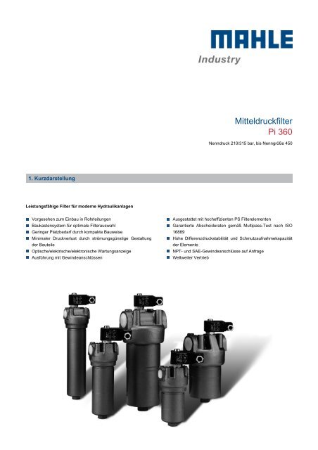 Mitteldruckfilter Pi 360 - MAHLE Industry - Filtration