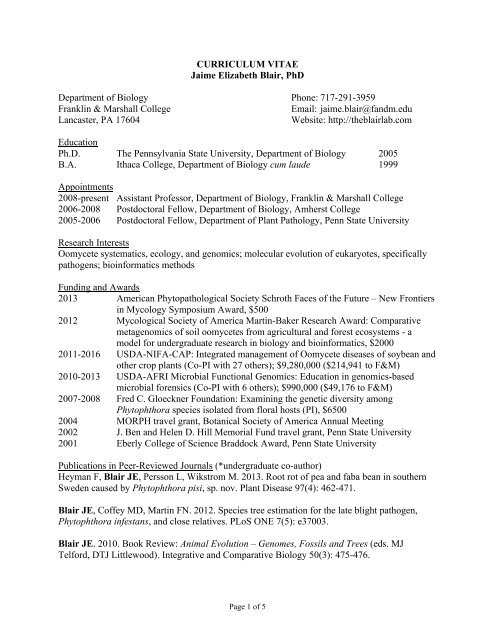 CURRICULUM VITAE Jaime Elizabeth Blair, PhD Department of ...