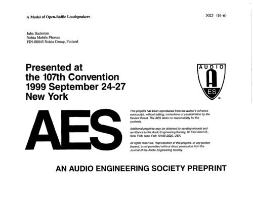 A Model of Open-Baffle Loudspeakers - DIY Audio Projects