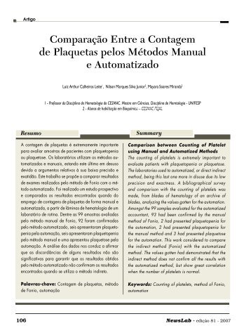 ComparaÃƒÂ§ÃƒÂ£o Entre a Contagem de Plaquetas pelos ... - NewsLab