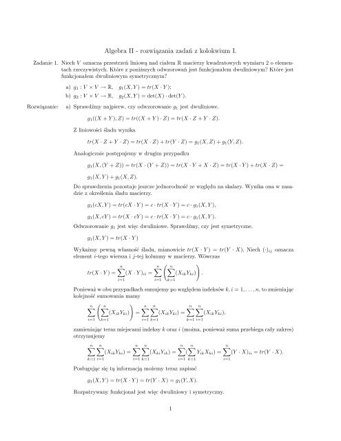 Algebra II - rozwiÃ„Â…zania zadaÃ…Â„ z kolokwium I.