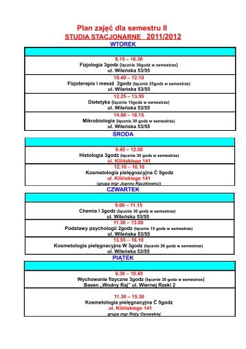 Plan zajÃ„Â™Ã„Â‡ dla semestru II STUDIA STACJONARNE ... - Kosmetologia