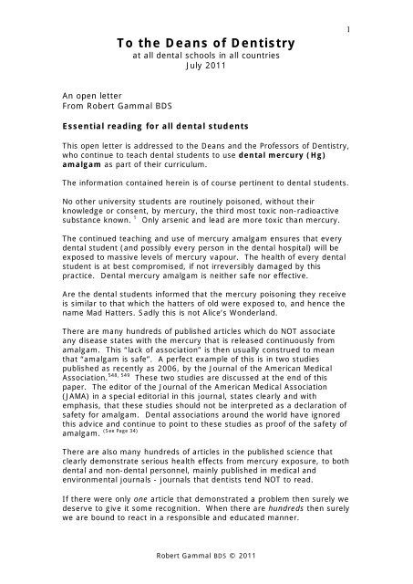 Letter To The Deans Of Dentistry Robert Gammal Home Page