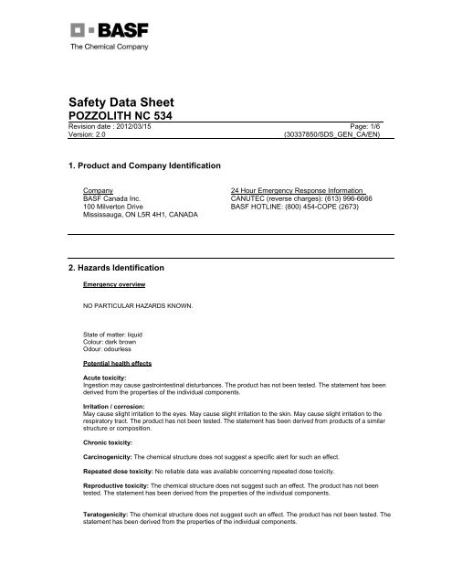 Safety Data Sheet POZZOLITH NC 534 - WorldAccount - BASF.com