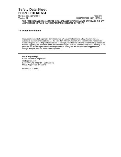 Safety Data Sheet POZZOLITH NC 534 - WorldAccount - BASF.com