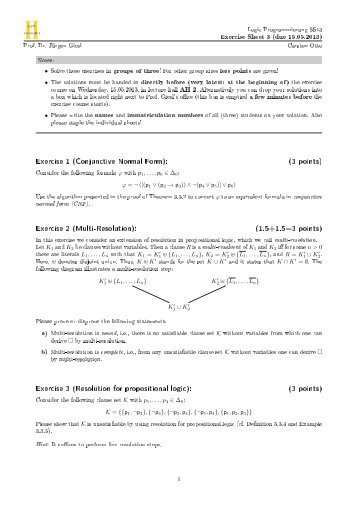 Exercise 1 (Conjunctive Normal Form): (3 points) Exercise 2 (Multi ...